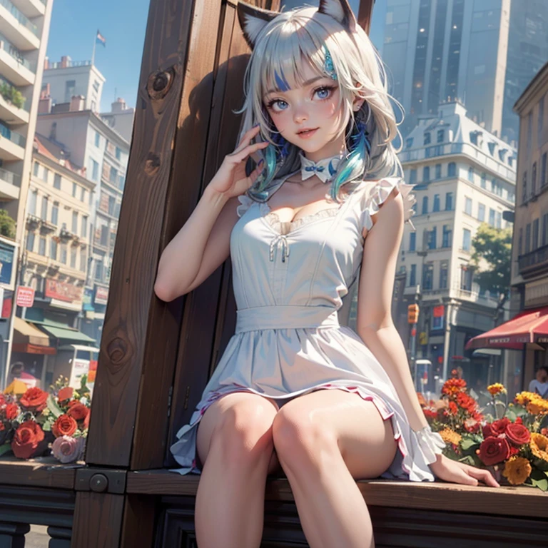 Gawr Gura, VTuber, medium hair, white hair, blue hair, multicolored hair, twintails, pin hair, sharks details on her dress,ornament hair, cat ears, perfectly body, perfectly hands,  flowing hair, maid, white maid dress, white maid headdress, maid apron, white apron, holding her skirt, Paris scenery, Eiffel tower on the background, seat, red roses on focus, lantern, more detailed background, Chinese maid dress, white dress, more details on her clothes, white dress with transparency, golden details on her clothes, night, smiling, ((4k, masterpiece, top-quality)),8k, best quality, high resolution, HD, (illustration:0.8), super cute girl, delicate and beautiful face, mature girl, super cute hairstyle, (beautiful detailed eyes:1.6), extremely detailed face, perfect lighting, extremely detailed CG, (perfect hands, perfect anatomy), Best quality, cleavage, small skirt, full Body, two arms, two legs, two hands, five fingers