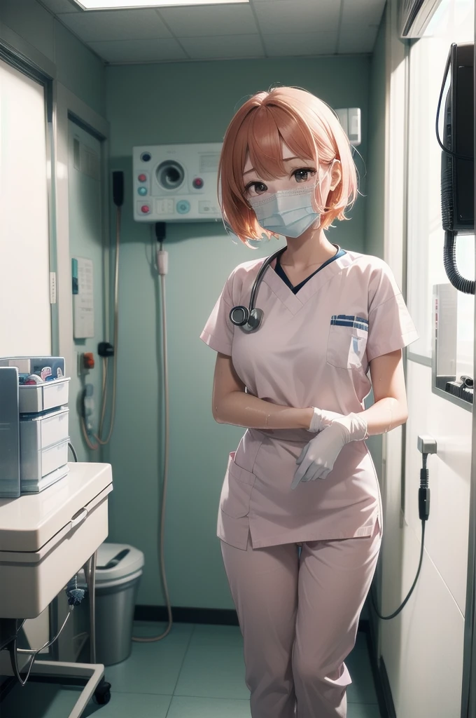 Beautiful young woman, Anime Style, Detailed face, Redhead, Wet Hair, Big eyes, pinkの目, Delicate features,One Girl, alone, nurse, pink, White gloves, Very short hair, Orange Hair, ((White surgical mask, Covered Nose)), ((Hospital room)), Sharp contours, Short sleeve, Tomboy, boyish, Highest quality, masterpiece、No hat、erotic、sexy、Masturbation、pants、pinkローター、barefoot、Thighs、Nice face、Embarrassed face、Hospital roomのベッド、Half naked、Are standing、Peeing:1.5、urination:1.5