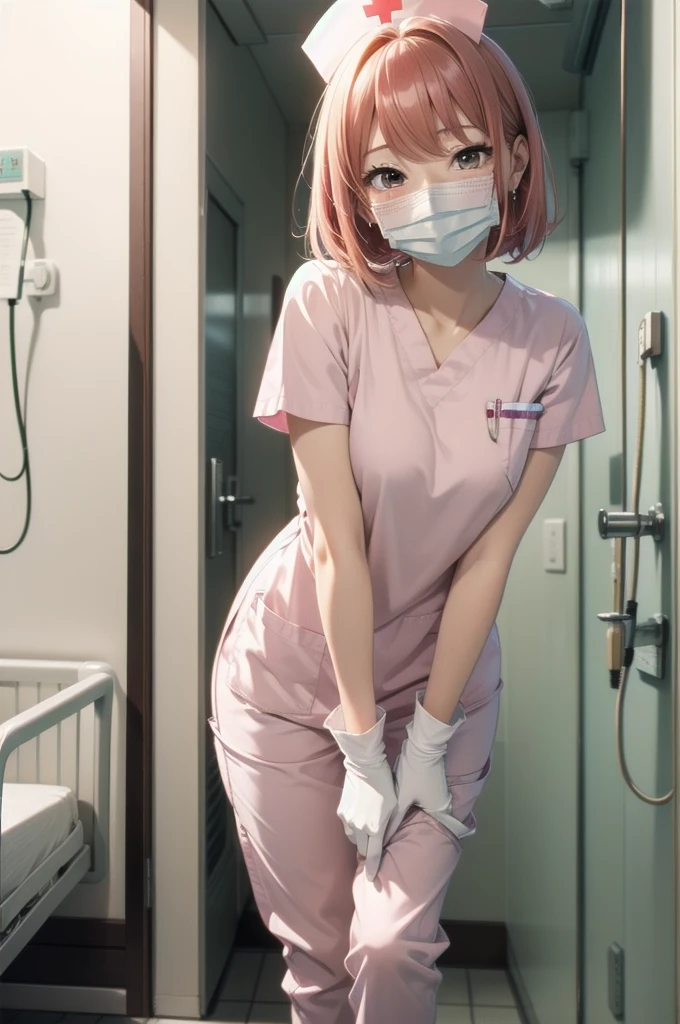Beautiful young woman, Anime Style, Detailed face, Redhead, Wet Hair, Big eyes, pinkの目, Delicate features,One Girl, alone, nurse, pink, White gloves, Very short hair, Orange Hair, ((White surgical mask, Covered Nose)), ((Hospital room)), Sharp contours, Short sleeve, Tomboy, boyish, Highest quality, masterpiece、No hat、erotic、sexy、Masturbation、pants、pinkローター、barefoot、Thighs、Nice face、Embarrassed face、Hospital roomのベッド、Half naked、Are standing、Peeing:1.5、urination:1.5
