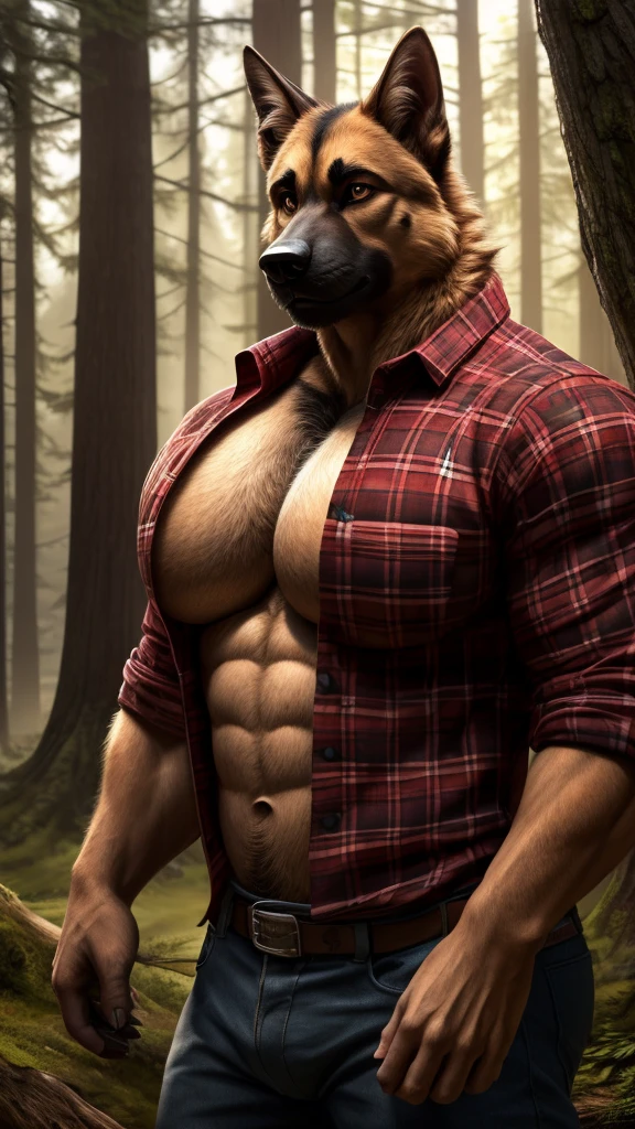 Dog, German shepherd, muscular, tall, huge, (((big pecs))), handsome, plaid shirt, unbutton shirt, lumberjack, forest, (((realistic, 8k, ultra details, masterpiece)))