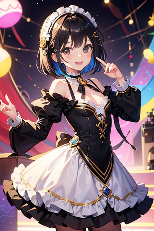 Black Hair、Iris、short hair、Girl、cute、、Colorful frilly idol costumes、Background is the stage、smile、、Small breasts、Small hair ornament、