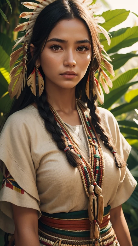 Very beautiful native american woman, traditional cloths, Sharp focus, hyper realistic, evening sunshine, jungle, close-up,