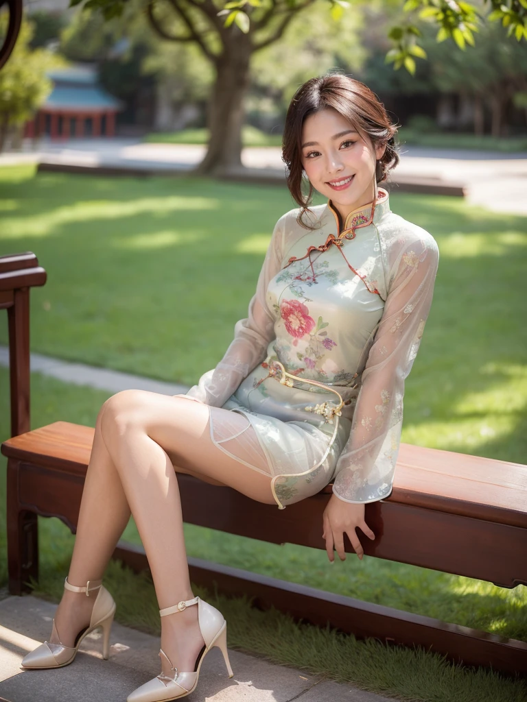 最high quality, 8K, Masseter area, Energetic, Clear focus, high quality, high resolution, Delicate face, Fine particles, thick lips, (Looking at the audience), Solitary, Beautiful woman, 38 years old, Plum, Black short hair, (Light-colored new Chinese cheongsam:1.5), afternoon、In front of the park garden,(Sitting on a bench:1.5)、((Smile:1.5))、((Wearing black high heels))