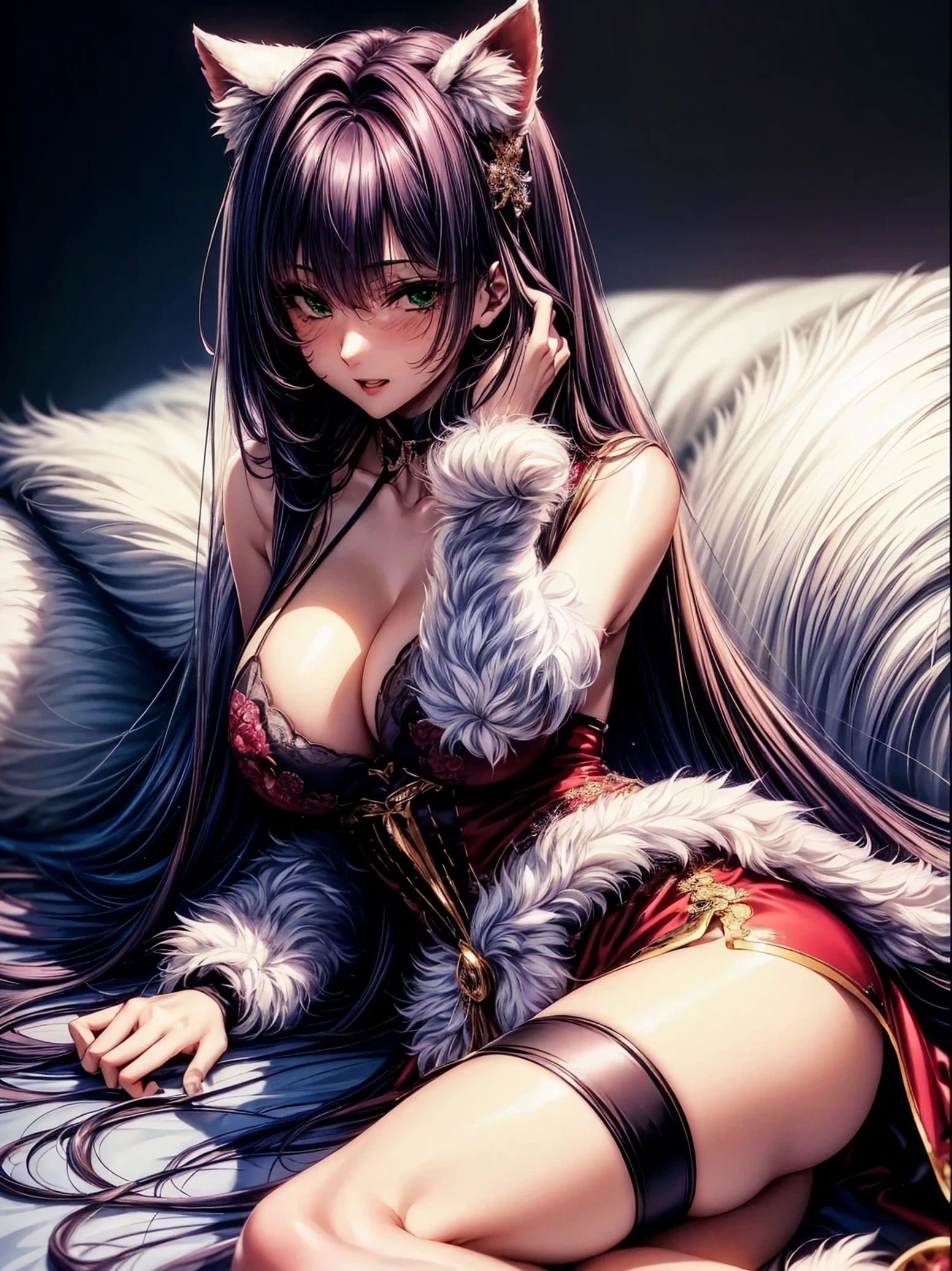 (top-quality、tmasterpiece、high resolution、super high image quality), 1girl, 8K, Rei Himiyama, Amakano, dark purple hair, long hair, straight hair to the waist, perfect figure, 20 years old, F Cup, big butt, green eye, (clear eye white part), furry costume,furry hand