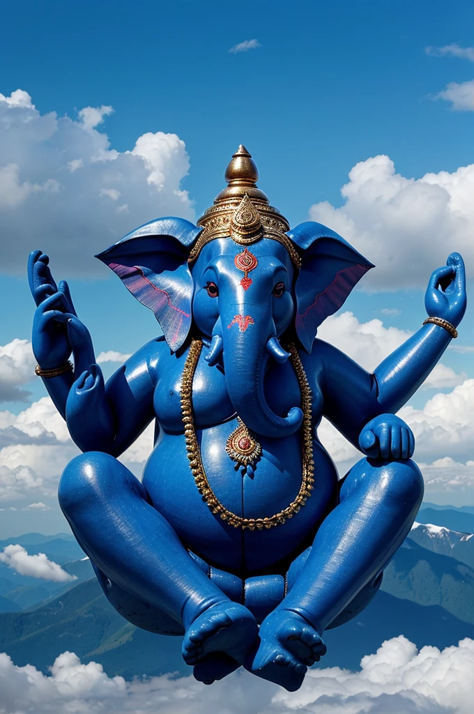 Please generate me an image of ganapati is sitting in the clouds above all the mountains