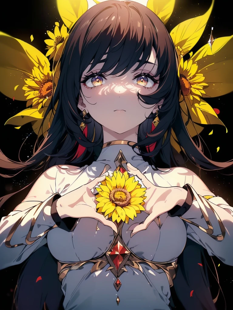 ((((Obra maestra, La mejor calidad, ultrahigh resolution)))), 1girl, standing, (((wearing a black tracksuit))), (long black hair in view, in frame), pale skin, ((brown eyes)), (glowing_eyes, luminescent eyes), (ultra detailed eyes:0.7, beautiful and detailed face, detailed eyes:0.9, beauty mark under eye:1.5), ((centered)), smile, ((wide shot)), facing viewer, (((vibrant background of outdoors, field of flowers, bright lighting, summer, sunlight))), flat chested, looking at viewer, ((perfect hands)), ((head:1, hips, elbows, arms, in view)), ((hands behind back)), beautiful lighting, defined subject, (18 years old), ((cool looking)), ((sun glare))