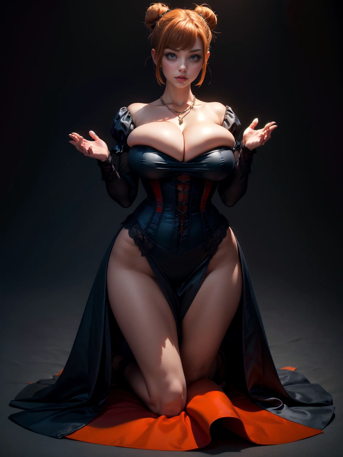 vasya, 1girl, solo, blue eyes, orange hair, jewelry, (Huge breasts:1.2)dress, red corset,puffy sleeves, short hair, necklace, hair bun, double bun (((full body))) , (((sexy pose, model pose, kneeling pose))) 