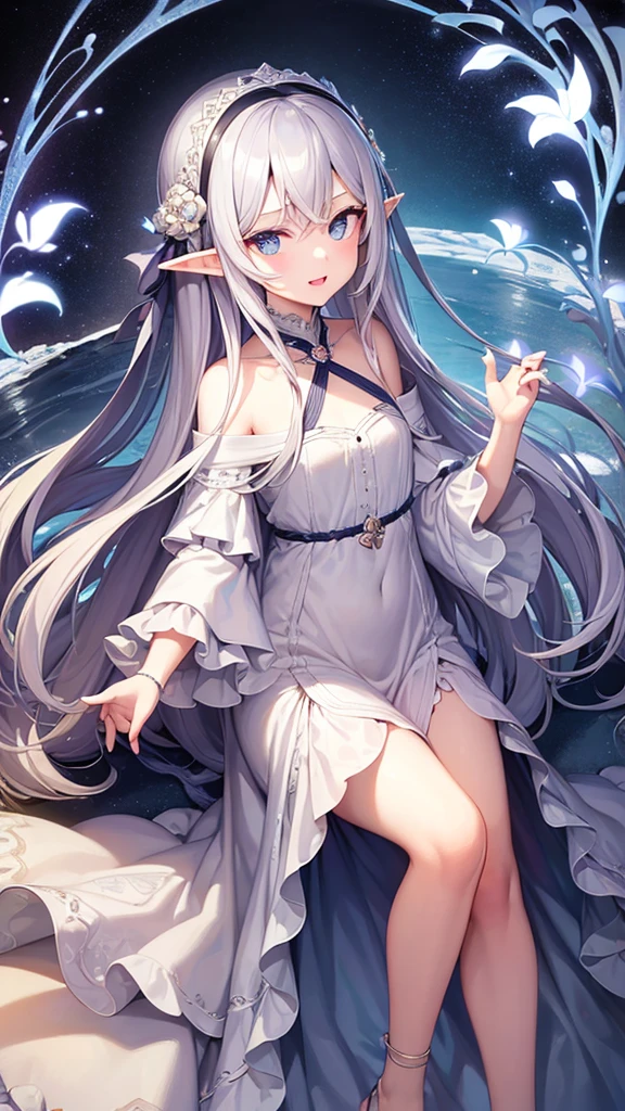 
((Highest quality)), ((masterpiece)), (detailed), One girl, Silver hair straight long hair、Half Up、Parallel thin eyebrows、Double droopy eyes、Thin lips、Small nose、Blue Eyes、Long eyelashes、Delicate appearance、Illustration seen from the front、A big smile with an open mouth、White dress、Fantastic illustrations、Highlights are 7 colors、The light is on my face、Illustration of eyes matching the viewer、Elf、For delivery、Character portrait、whole body、Down to the toes、No background、Background white
