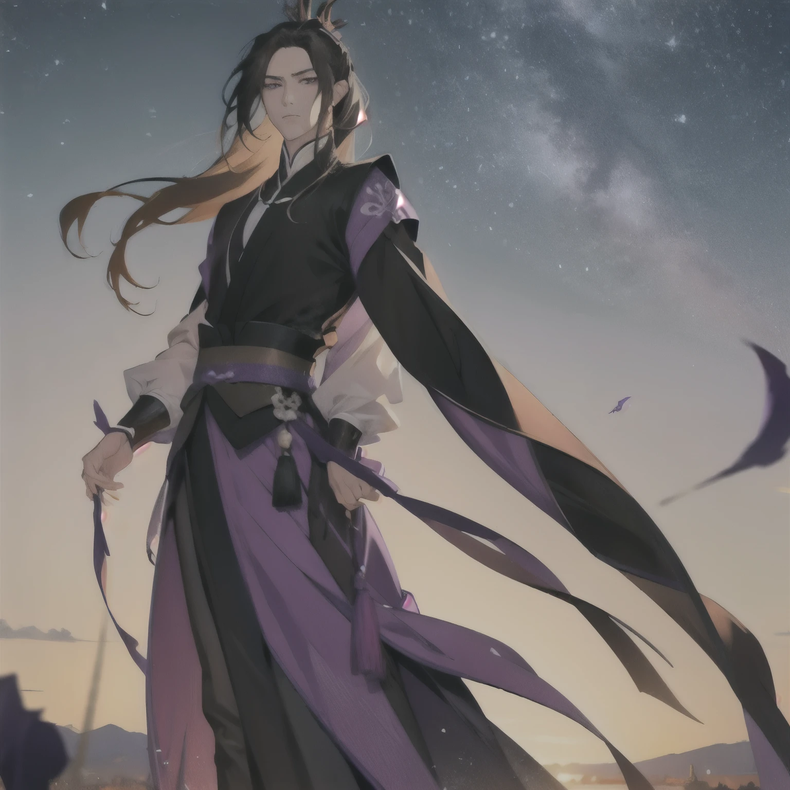 (masterpiece, best quality:1.2), 1male, solo, jiang cheng, mo dao zu shi, mdzs, purple and black clothes, purple eyes, long black hair, perfect anatomy, full body