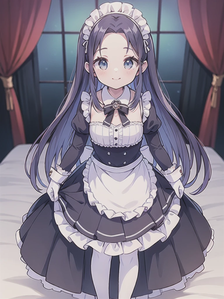 best quality,masterpiece,detailed face, uncensored, 1girl, solo focus, smile, blush, solo, in room, full body, standing, window,
lil_rg, dark blue hair, long hair,low tied hair, forehead, blue eyes, mediam breasts, maid, maid headdress, dark blue dress, puffy sleeves, elbow gloves, white gloves, apron, long skirt, dark blue skirt, white thighhighs