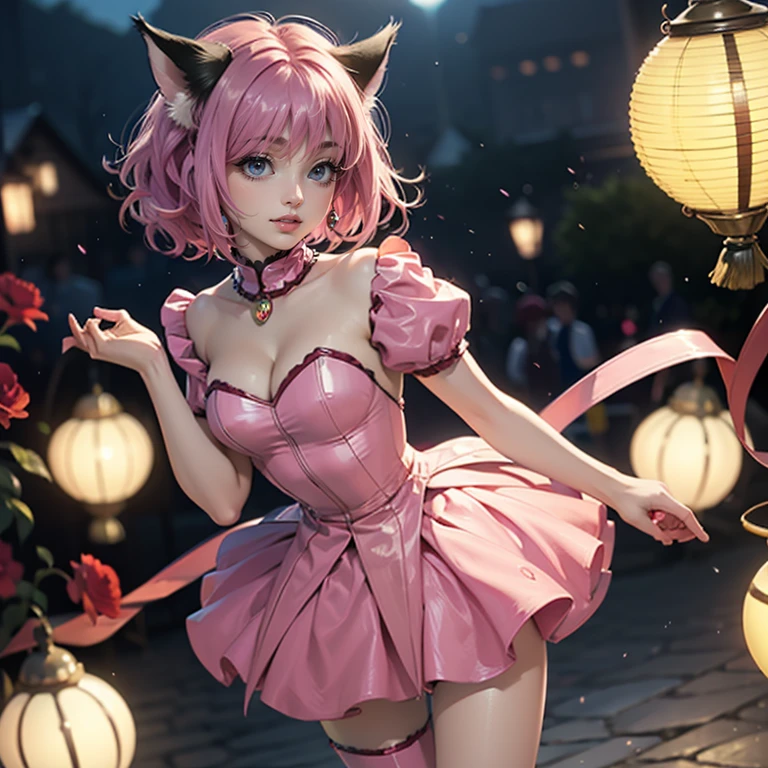 Ichigo Momomiya, Tokyo Mew Mew, short hair, pink hair, ornament hair, cat ears, perfectly body, perfectly hands,  flowing hair, maid, maid dress, maid headdress, maid apron, white apron, holding a lantern, Chinese lantern, shrine scenery, red roses on focus, gold lantern, Chinese style, Chinese maid dress, marsala dress, more details on her clothes, black dress with transparency, golden details, night, smiling, ((4k, masterpiece, top-quality)),8k, best quality, high resolution, HD, (illustration:0.8), super cute girl, delicate and beautiful face, mature girl, super cute hairstyle, (beautiful detailed eyes:1.6), extremely detailed face, perfect lighting, extremely detailed CG, (perfect hands, perfect anatomy), Best quality, cleavage, small skirt, full Body, two arms, two legs, two hands, five fingers