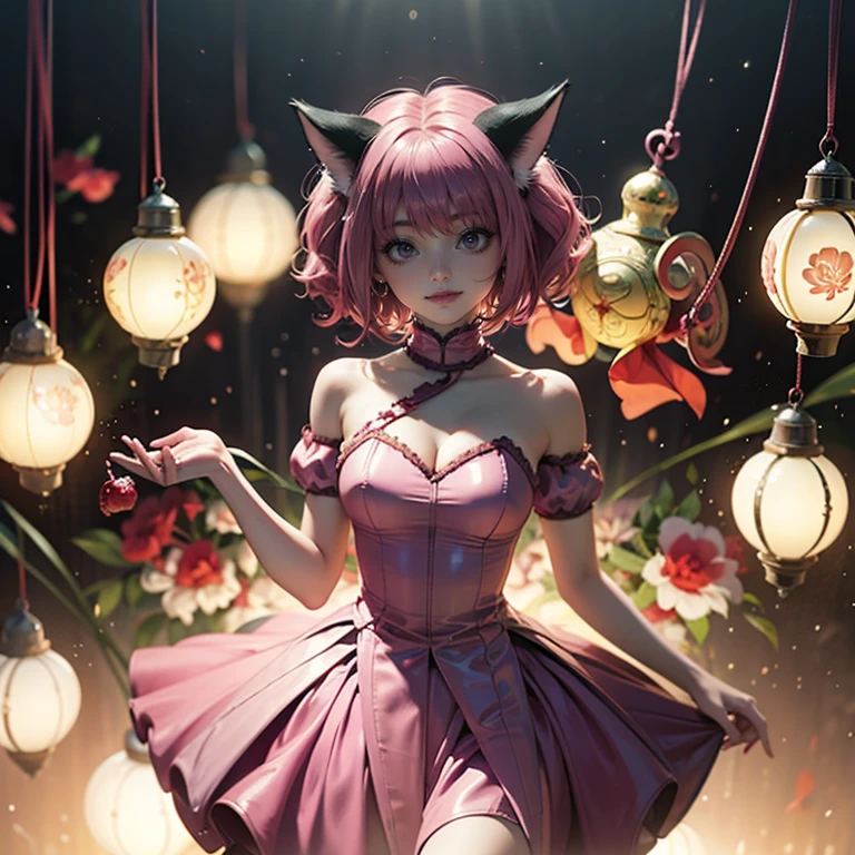 Ichigo Momomiya, Tokyo Mew Mew, short hair, pink hair, ornament hair, cat ears, perfectly body, perfectly hands,  flowing hair, maid, maid dress, maid headdress, maid apron, white apron, holding a lantern, Chinese lantern, shrine scenery, red roses on focus, gold lantern, Chinese style, Chinese maid dress, marsala dress, more details on her clothes, black dress with transparency, golden details, night, smiling, ((4k, masterpiece, top-quality)),8k, best quality, high resolution, HD, (illustration:0.8), super cute girl, delicate and beautiful face, mature girl, super cute hairstyle, (beautiful detailed eyes:1.6), extremely detailed face, perfect lighting, extremely detailed CG, (perfect hands, perfect anatomy), Best quality, cleavage, small skirt, full Body, two arms, two legs, two hands, five fingers