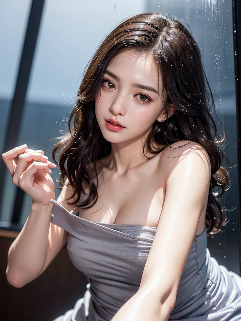 Mix 4, (8k, Live Shooting, Highest quality, masterpiece: 1.2), (Real, Photorealistic: 1.37), 一人のgirl, cute, night, rain, Wetty, Professional Lighting, Photon Mapping, Radio City, Physically Based Rendering, Gradient black hair, Gray Hair, Short Curly Hair, good looking, girl, Highest quality写真, High resolution, 1080P, (Clear Face), (Detailed face description), (Detailed hand description), (masterpiece), (Exquisite CG)、Extreme light and shadow、Disheveled Hair、Masterwork、Rich details、(Fine facial features)、(Highest qualityの写真)、(Masterpiece)、(Detailed eyes)、Look in front of you、((Mid-breasted))、Nipple erection、Sexy、Lady、Clear、Smooth Hair、Clothes are not shiny、Wet hair、Hair is wet with water、Water dripping from the hair、Taking a shower、naked、Back view、back