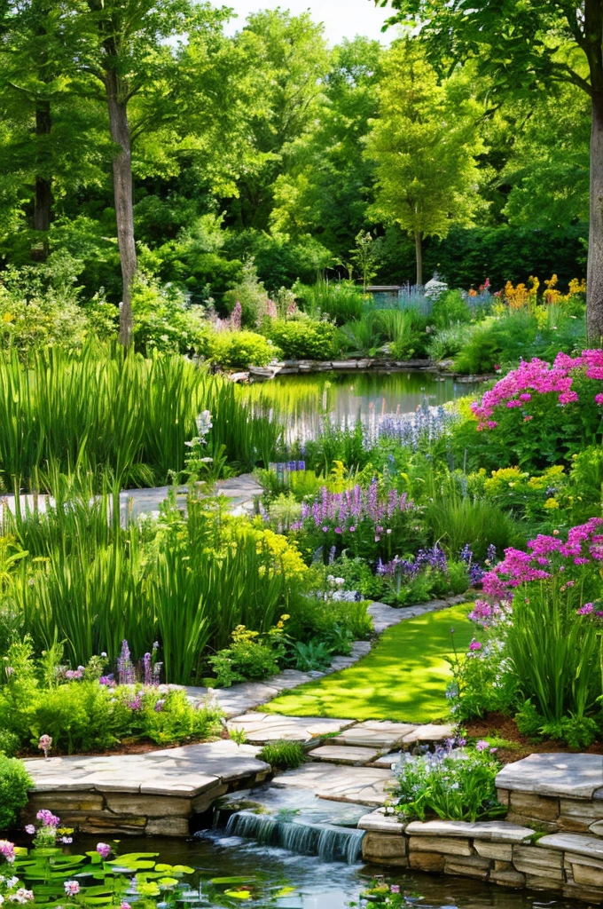 Illustration for an article about landscape design, variety of colors, bench near the pond. hd quality