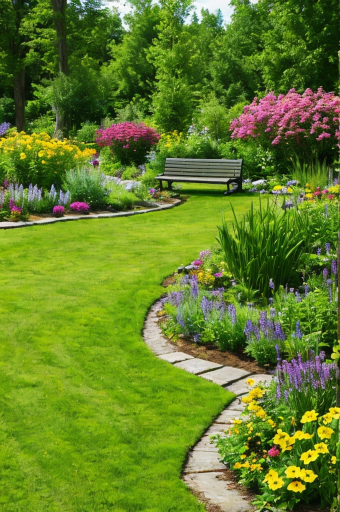 Illustration for an article about landscape design, variety of colors, bench near the pond. hd quality