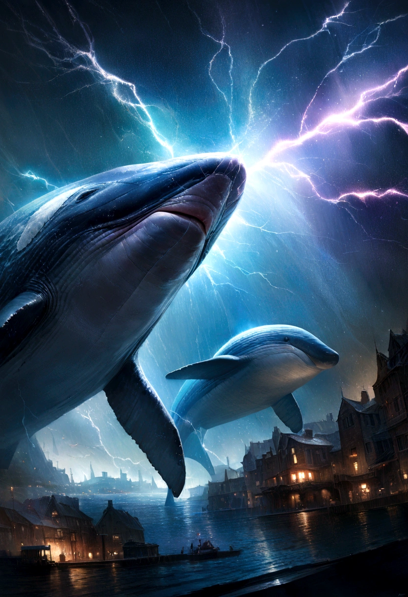 (Excellent: 1.2, Highest Quality), (Realistic, Photorealistic: 1.4), Beautiful illustration, Dutch angle, Reflection of the water surface from underwater, (Electricity-like glow, a large whale diving into the sea), Sparkling light runs through the air, The whale is wrapped in electricity and sparkles, Digital data image background, Rainbow-colored digital space, Large planet in the background,