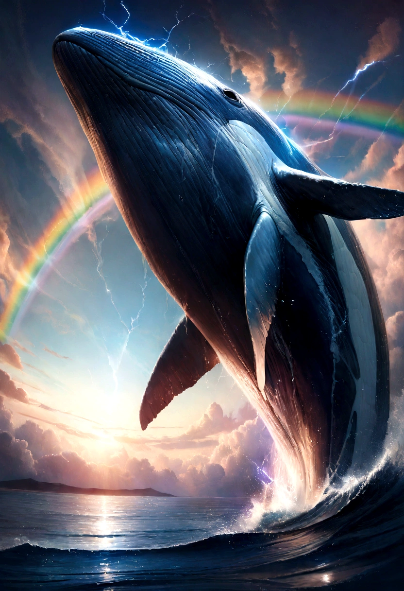(Excellent: 1.2, Highest Quality), (Realistic, Photorealistic: 1.4), Beautiful illustration, Dutch angle, Reflection of the water surface from underwater, (Electricity-like glow, a large whale diving into the sea), Sparkling light runs through the air, The whale is wrapped in electricity and sparkles, Digital data image background, Rainbow-colored digital space, Large planet in the background,