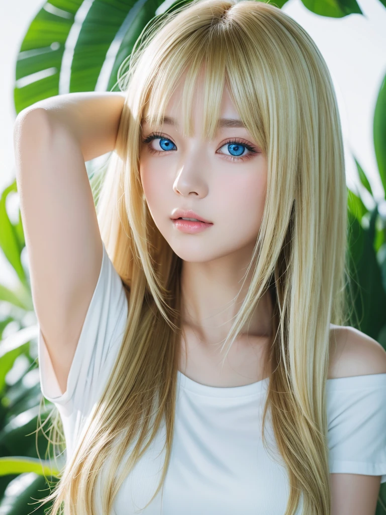 One Girl, Age 19, alone, Super long straight hair, huge , View your viewers, ((shiny bright blonde hair))、Very beautiful messy bangs between the eyes、White skin、Beautiful Skin、Glowing Skin、Gloss Face、Cheek gloss、Bare shoulders, gem, whole body, (Highly detailed 8K wallpapers), Soft lighting, high quality, Film Grain, Fujifilm XT3 Sharp Focus, 5 ....6, Attention to detail, Sharp focus,(Natural light), (Big Plans:1.2), (Fascinating), Off-the-shoulder T-shirt, Realistic, Sexy、big, Beautiful white and pale blue eyes、eyeliner、