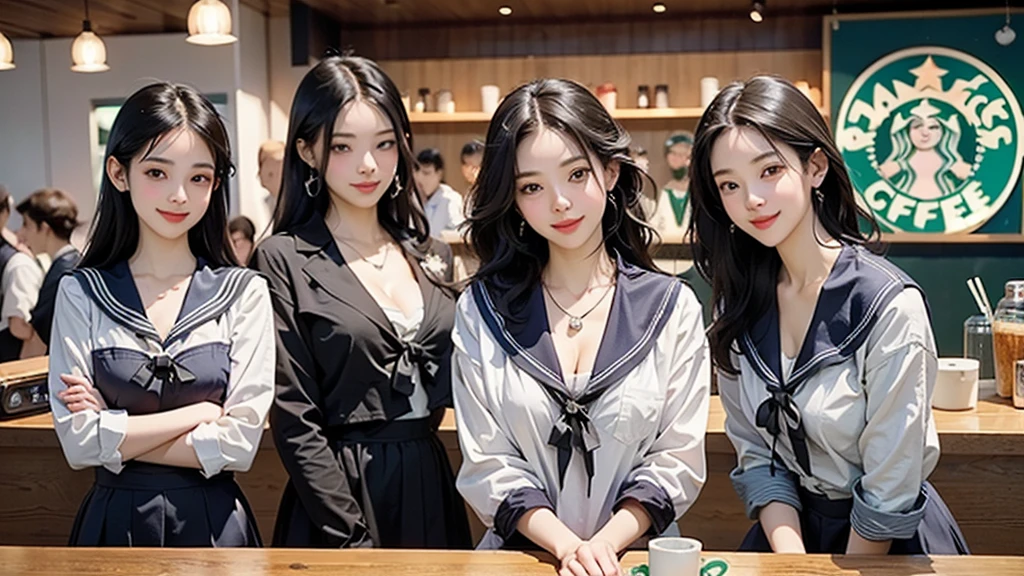 8K、RAW Photos、Highest quality、Super detailed、Super Resolution、Ultra HD、8K壁紙、Amazing details
(((Inside the Starbucks store、16 year old high school girl in sailor suit)))、Eat cake、Drink coffee、smile、Heart Necklace((Emphasize cleavage))
(Full body photo)
