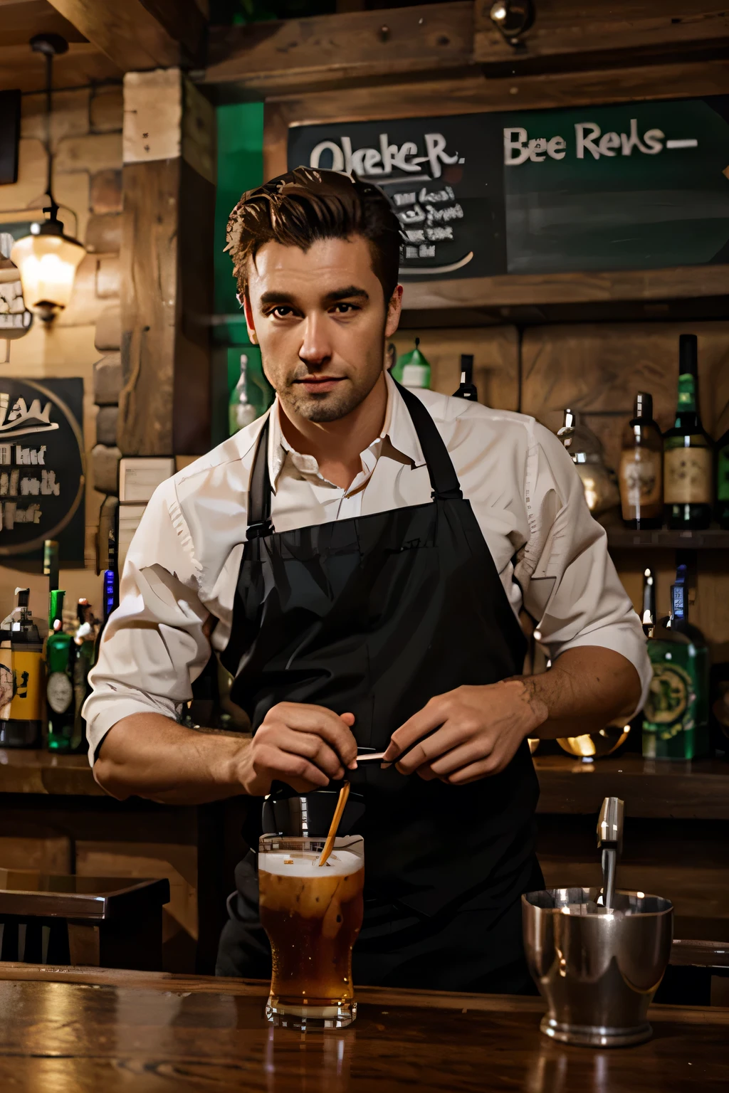 irish pub with handsome bartender standing behind the bar