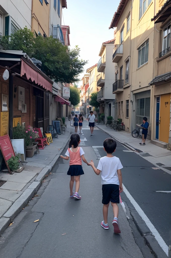 Child girl wearing a long shirt that goes up to the juelhos wearing a pair of jean shorts and wearing a light blue slipper walking on the city street