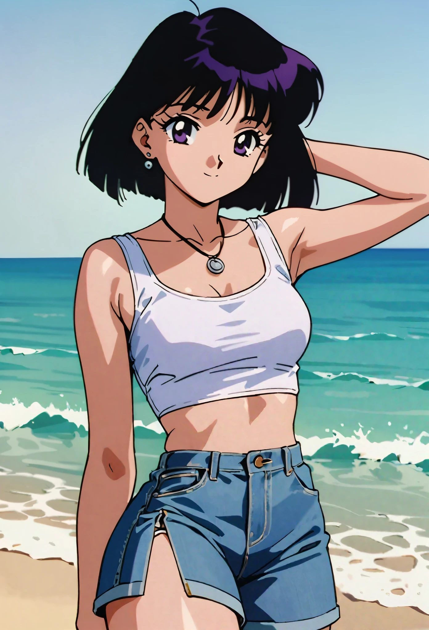 masterpiece,best quality,very aesthetic,absurdres,Sailor Saturn XL,1990s \(style\),1girl,solo,short hair,black hair,purple eyes,swimsuit, on beach,stud earrings,necklace,light smile,cowboy shot,