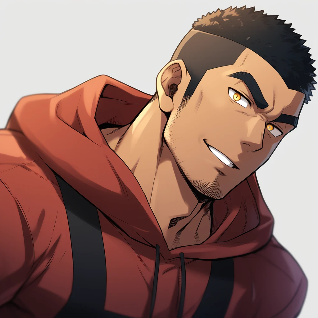 anime characters：Gyee, Young Muscle Sports Teacher, negro black skin, Buzz Cut, Manliness, male focus, Dark red long-sleeved hooded sweatshirt, Very tight, muscular male, muscular, only, Upper body, alone, Black short hair, Thick eyebrows, stubble, Yellow eyes, Grey background, simple background, amazing quality, best aesthetics, Ridiculous, bright pupils, crew cut, parted lips, seductive smile, torogao, naughty face, best quality