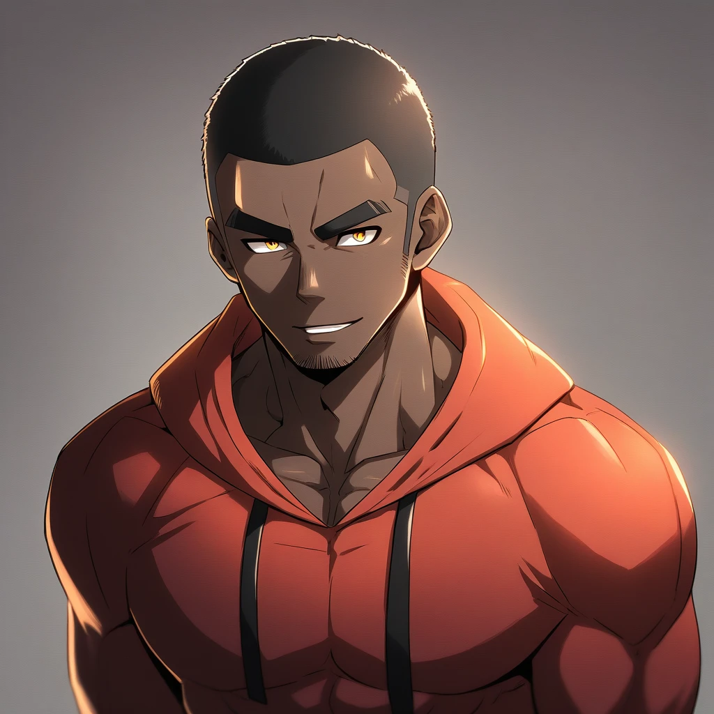 anime characters：Gyee, Young Muscle Sports Teacher, negro black skin, Buzz Cut, Manliness, male focus, Dark red long-sleeved hooded sweatshirt, Very tight, muscular male, muscular, only, Upper body, alone, Black short hair, Thick eyebrows, stubble, Yellow eyes, Grey background, simple background, amazing quality, best aesthetics, Ridiculous, bright pupils, crew cut, parted lips, seductive smile, torogao, naughty face, best quality