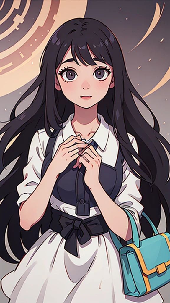 Woman. dark hair. long hair, eyes browns, wearing a blue formal dress, carrying a medium-sized bag with magazines, light pink lipstick, expression of happiness, holding a bible in his right hand, (Friendly expression on the face), (well-detailed face), sunny day, (ultra detaild) ((best qualityer)) Jehovah's Witness, Christian, talking about the Bible ((ultra detailed hands)) perfect hands