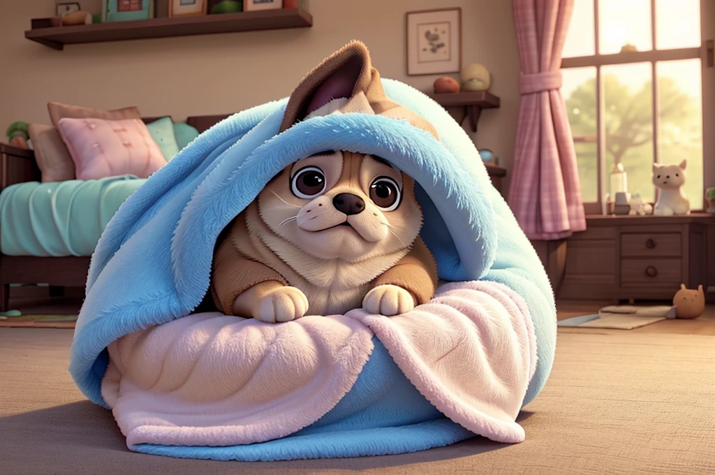 Nap time: Pug wrapped in a fluffy blanket、A scene of a happy nap。With a soft snore、The sight of him curled up with a relieved expression is adorable.。