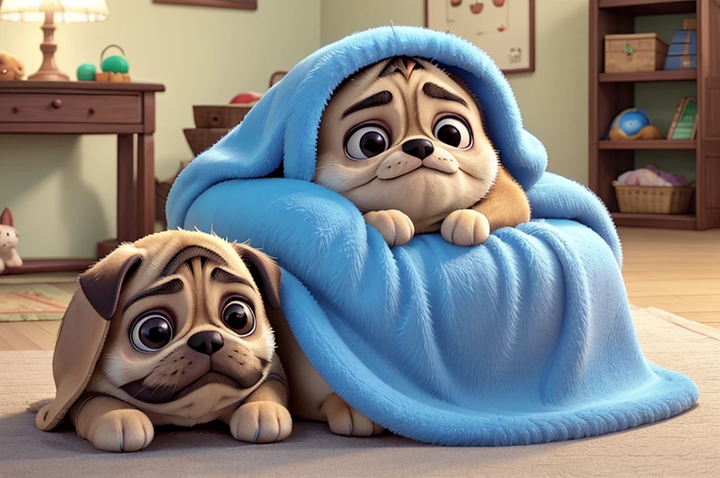 Nap time: Pug wrapped in a fluffy blanket、A scene of a happy nap。With a soft snore、The sight of him curled up with a relieved expression is adorable.。