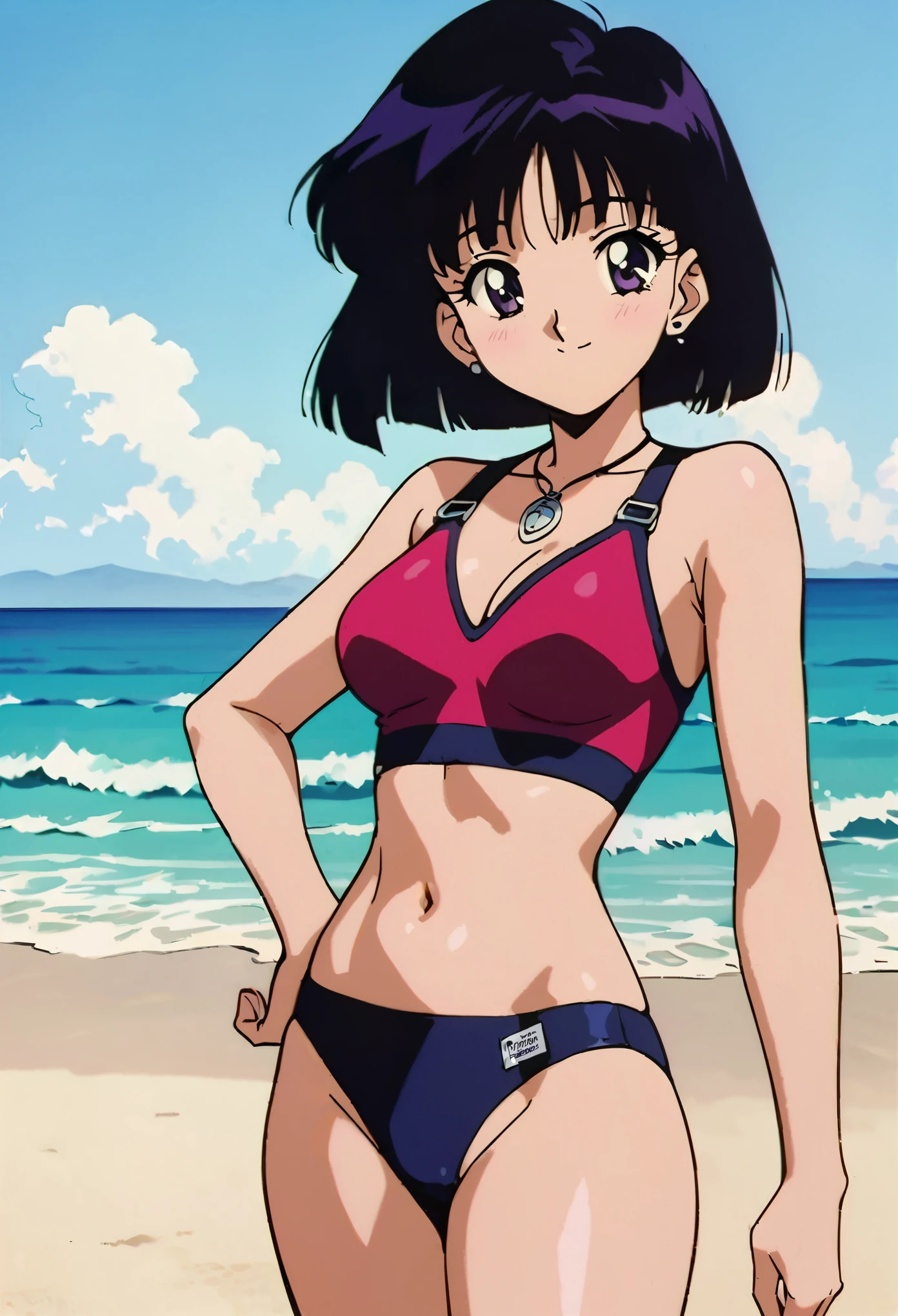 masterpiece,best quality,very aesthetic,absurdres,Sailor Saturn XL,1990s \(style\),1girl,solo,short hair,black hair,purple eyes,swimsuit, on beach,stud earrings,necklace,light smile,cowboy shot,