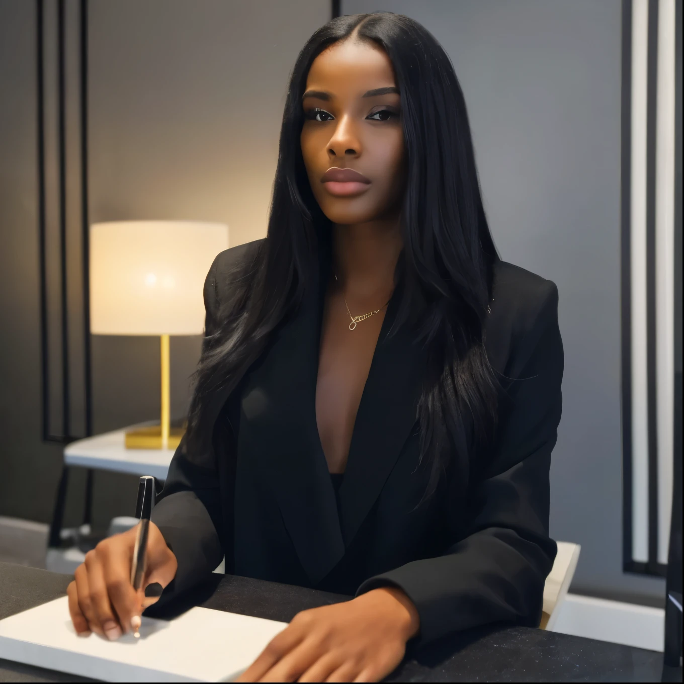 A woman in a black suit sitting at a desk writing - SeaArt AI