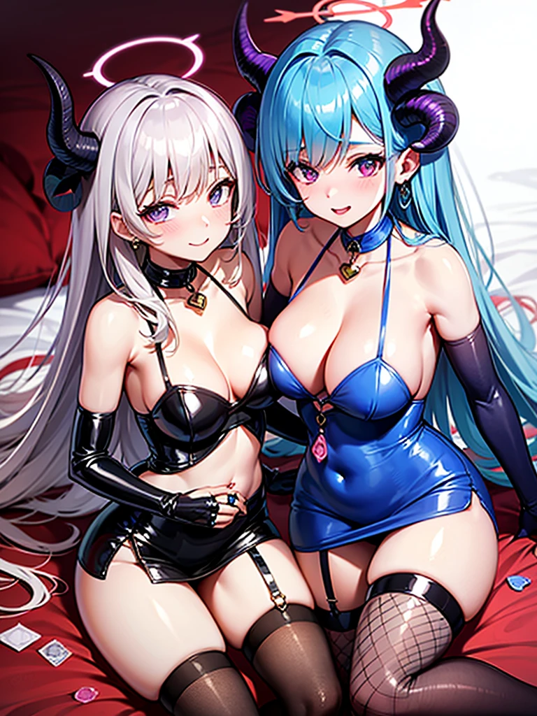 anime girl in blue dress sitting on a bed 1girl, shiny skin, the othersba, the others_(Blue_archive), horns, halo, jewelry, earrings, purple eyes, silver hair, very long hair, mischievous smile, blush, blue dress, Blue latex, clavicle, (waist cut), (o ring:1.2), belly button, fishnet thigh high stockings, polished nails, elbow gloves, Sleeves beyond the wrist, vapor, bedroom, simple background, (condom)