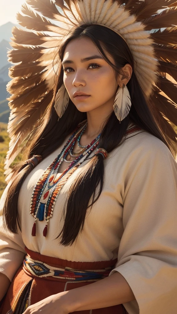 Very beautiful native american woman, traditional cloths, Sharp focus, hyper realistic, evening sunshine, mountain, close-up,