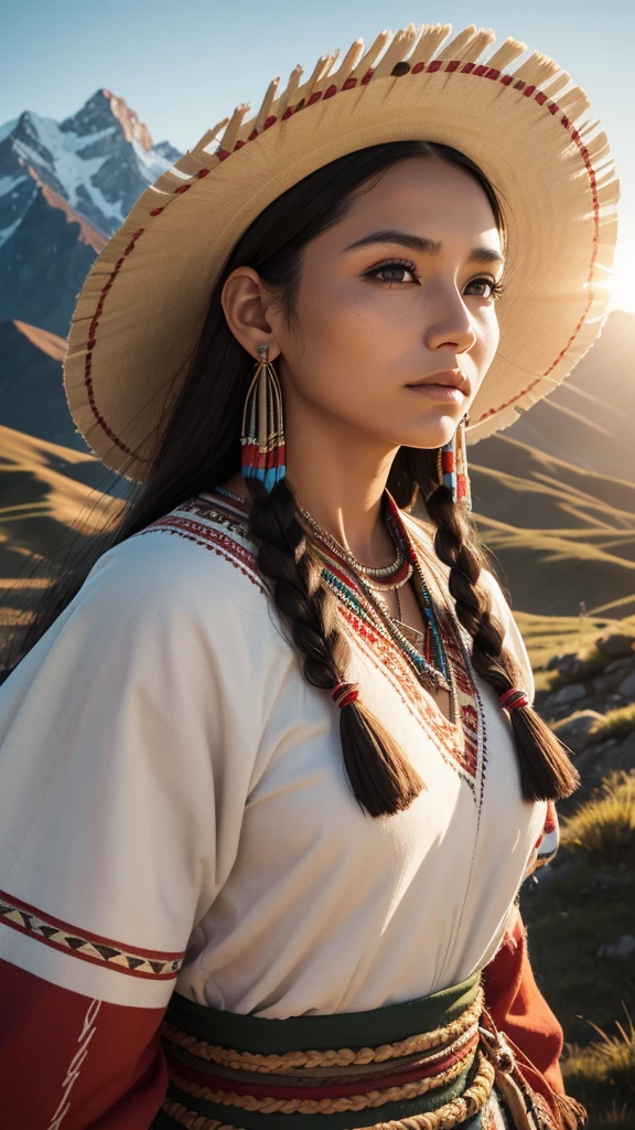 Very beautiful native american woman, traditional cloths, Sharp focus, hyper realistic, evening sunshine, mountain, close-up,