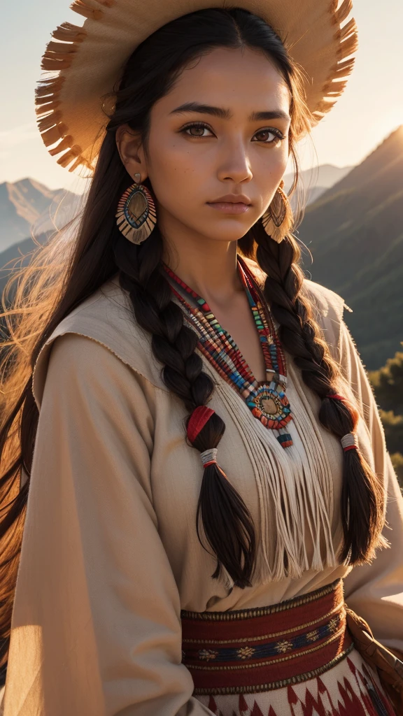 Very beautiful native american woman, traditional cloths, Sharp focus, hyper realistic, evening sunshine, mountain, close-up,