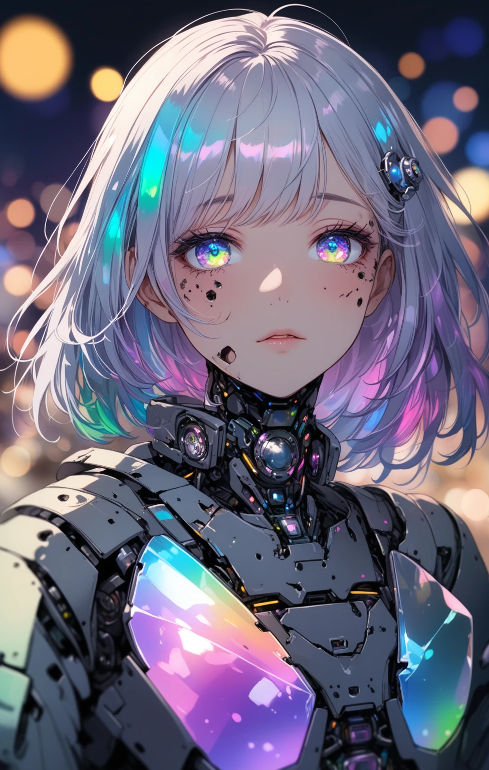 1girl, a broken ruined cyborg girl in a landfill, robot, beautiful face, body is broken with scars and holes, laying on the ground, 8K, (dynamic perspective), sharp focus, (depth of field, bokeh:1.3), extremely detailed eyes and face, beautiful detailed eyes, hyperpunk scene, cinematic lighting, reflective transparent iridescent opaque jacket, long transparent iridescent RGB hair, ((masterpiece, best quality)), from above, upper body