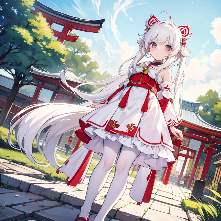 white hair,Double tail,white pantyhose,Big ,shrine maiden costume,cute,Perfect body,