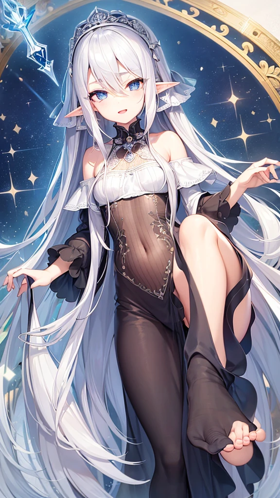 ((Highest quality)), ((masterpiece)), (detailed), One girl, Silver hair straight long hair、Half Up、Parallel thin eyebrows、Double droopy eyes、Thin lips、Small nose、Blue Eyes、Long eyelashes、Delicate appearance、Illustration seen from the front、A big smile with an open mouth、White dress、Fantastic illustrations、Highlights are 7 colors、The light is on my face、Illustration of eyes matching the viewer、Elf、For delivery、Character portrait、whole body、Down to the toes、No background、Standing with your legs apart、
