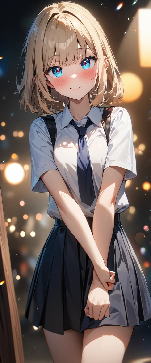 (((One girl))), blond hair, bob cut, (cowboy shot), (looking at viewer), face in focus, breasts, teenager, head tilt:1.3, (((blue eye))), ((happy smile)), ((full face blush)), school summer uniform, white shirts, black tie, black skirt, cleavage, anime style, (best quality, 4k, 8k, highres, masterpiece:1.2, ultra-detailed, ultra-detailed eyes, HDR, UHD, studio lighting, ultra-fine painting, sharp focus, physically-based rendering, extreme detail description, professional, vivid colors, bokeh)