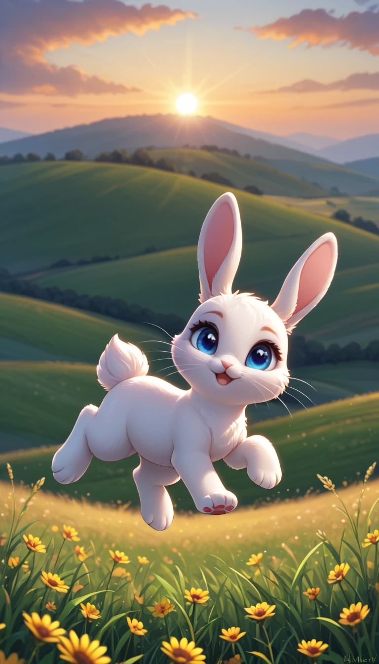 A cute little bunny with white whiskers and bright eyes,Little bunny happily jumping in a field, with the sunset scene in the background