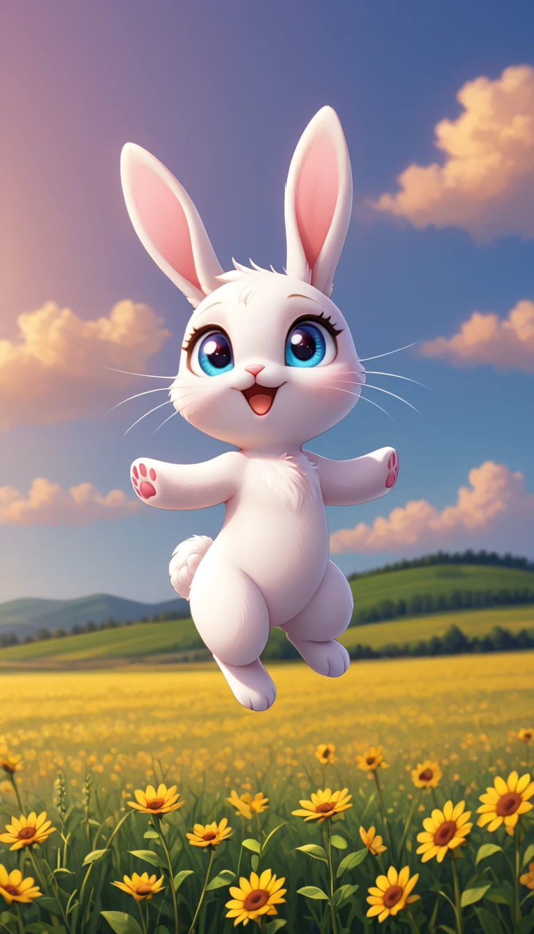 A cute little bunny with white whiskers and bright eyes,Little bunny happily jumping in a field, with the sunset scene in the background