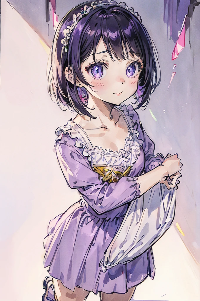 1girl, cute young woman, full body portrait, standing pose, purple dress, white background, soft lighting, high detail, anime style, vibrant colors, kawaii, big eyes, cheerful expression