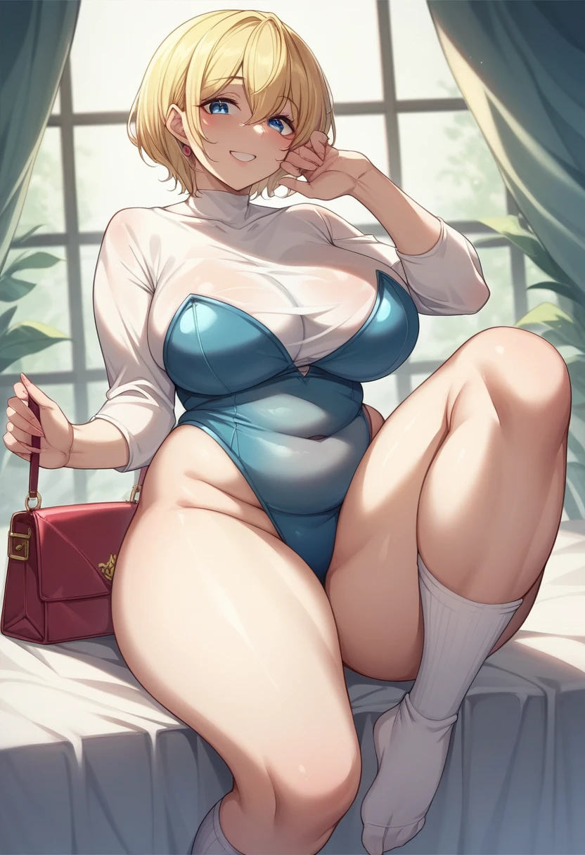 (One girl)、(((short hair)))、((Blonde))、(Sato Air)、((Big super breasts))、(Chubby)、beautiful girl、((Big thighs))、((Hanekge))、Blue Eyes、Navy blue leotard、No sleeve、(Princess Knight)、Bangs between the eyes、Over the knee socks、(long handbag)、smile、((see-through))