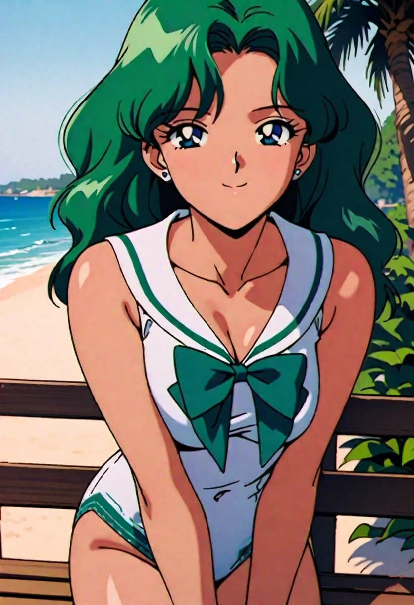 masterpiece,best quality,very aesthetic,ultra detailed,intricate details,Sailor Neptune XL,1990s \(style\),1girl,solo,white swimsuit,stud earrings,long hair,green eyes,green hair, beach, standing, by bench,happy smile,