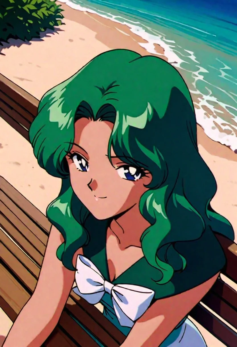 masterpiece,best quality,very aesthetic,ultra detailed,intricate details,Sailor Neptune XL,1990s \(style\),1girl,solo,white swimsuit,stud earrings,long hair,green eyes,green hair, beach, standing, by bench,happy smile,