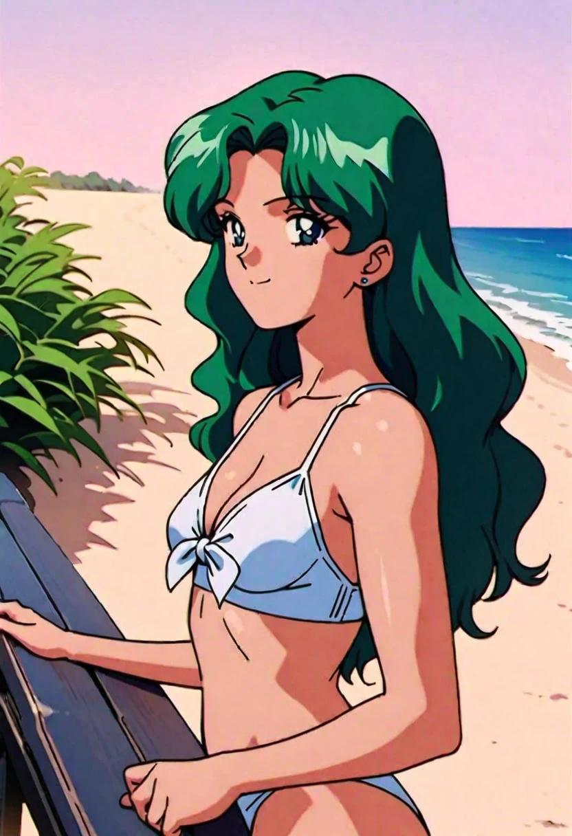 masterpiece,best quality,very aesthetic,ultra detailed,intricate details,Sailor Neptune XL,1990s \(style\),1girl,solo,white swimsuit,stud earrings,long hair,green eyes,green hair, beach, standing, by bench,happy smile,
