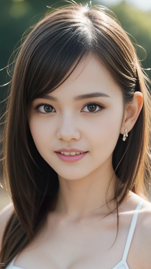 (8k, RAW photos,best quality, high resolution:1.1), (hyperrealistic:1.4),(realistic, photorealistic:1.3), soft light,big breasts, (one cute 18yo girl) ,realistic face,realistic body,realistic skin,absurdity,masterpiece,(cute:1.8), detailed black eyes,innocent eyes,blusher,,cinema light,film grain,jewelry, Earrings,((Medium Hair:1.1)),((Floating Hair)),Beige Lips, ,Slightly Open Lips, Top Teeth, (Smiling Eyes:0.6),Depth of Field, Blurry Background, Eye Focus, Young, 85mm Lens, f/1.4,Professional Lighting,Portrait,Photon Mapping,Radiosity,Physically Based Rendering,Asian, wearing bikini,