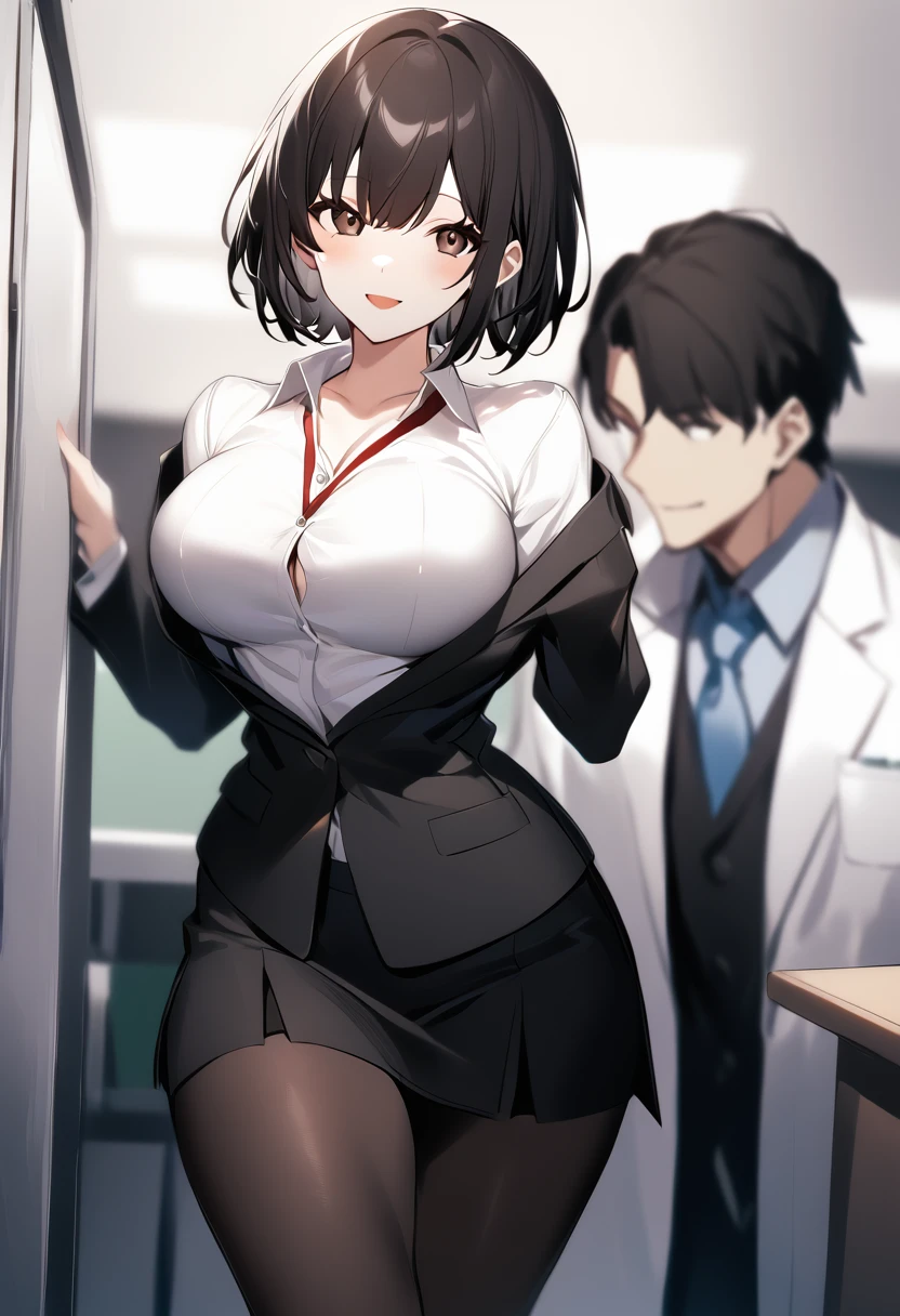 score_9,One girl,Large Breasts,teacher,smile,Black Hair,short hair,bangs,Off the shoulder_shirt,skirt_suit,pantyhose,